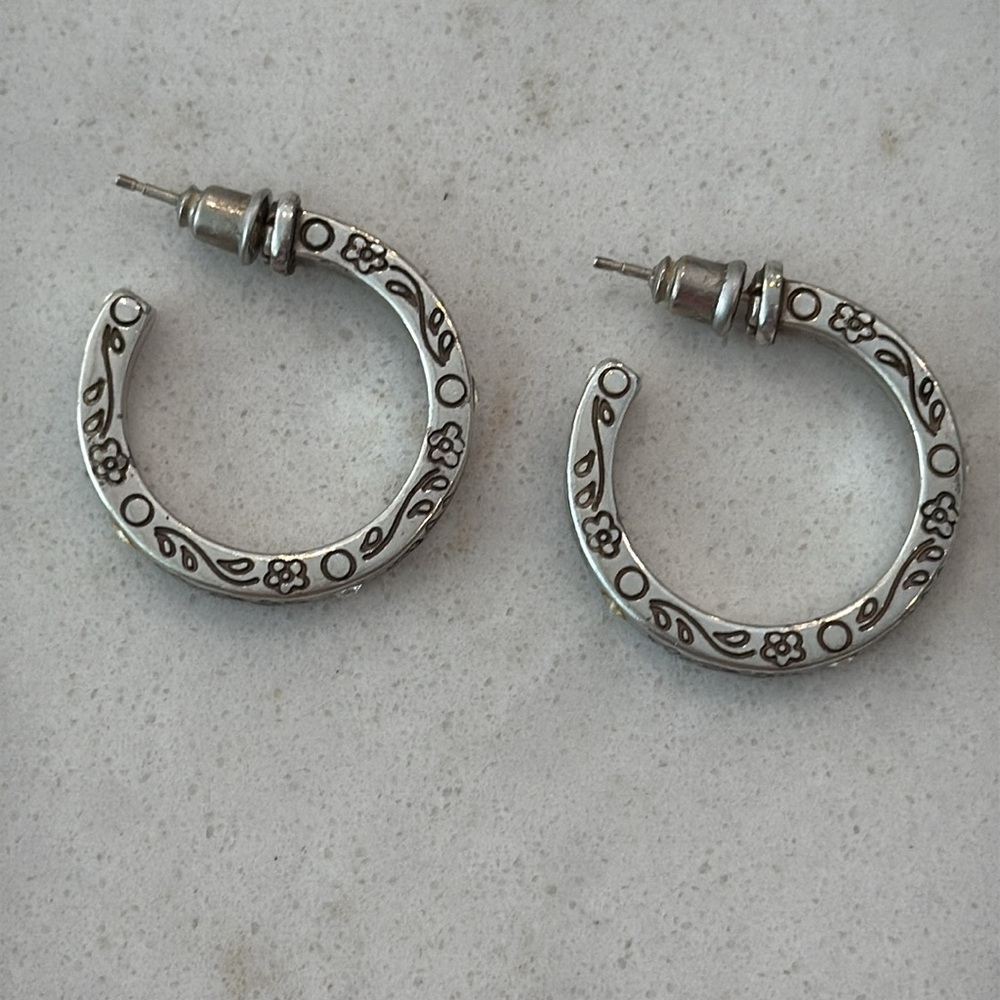 Brighton Secret of Love Vintage Retired Silver Hoop Earrings with Crystals - Picture 6 of 7